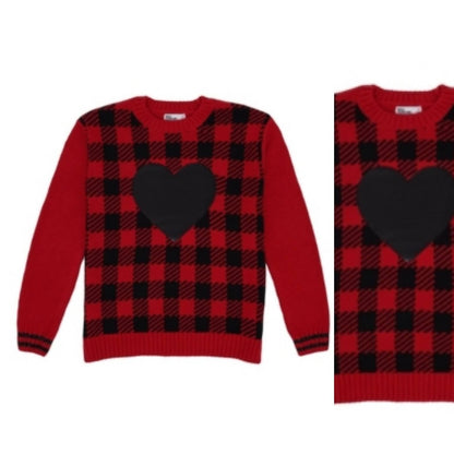 Tadhisar Group Fashions toddler girls red and black plaid sweater with a reversible black heart graphic on the front.
