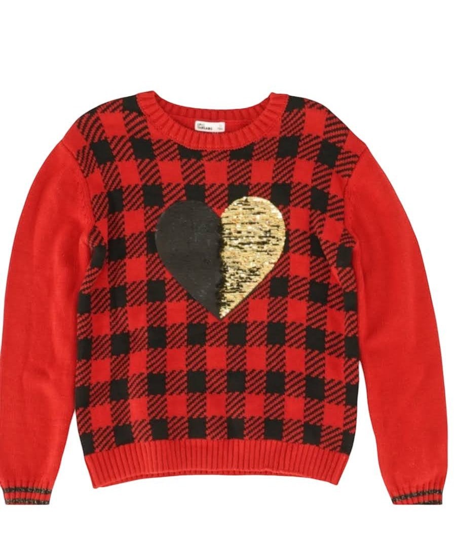 Epic Threads toddler girls red and black plaid sweater with a reversible sequin heart graphic