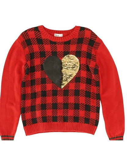 Epic Threads toddler girls red and black plaid sweater with a reversible sequin heart graphic