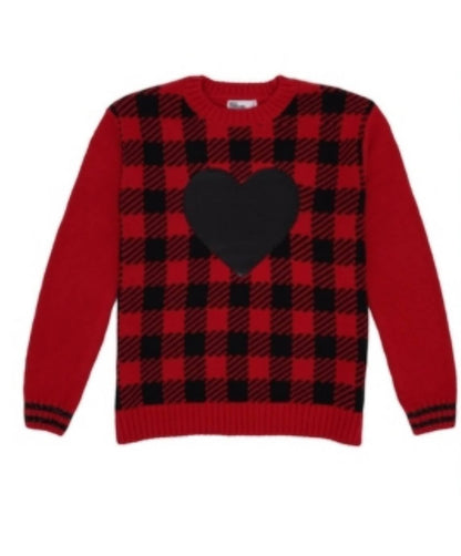 Tadhisar Group Fashions toddler girls red and black plaid sweater with a reversible heart graphic on the front.