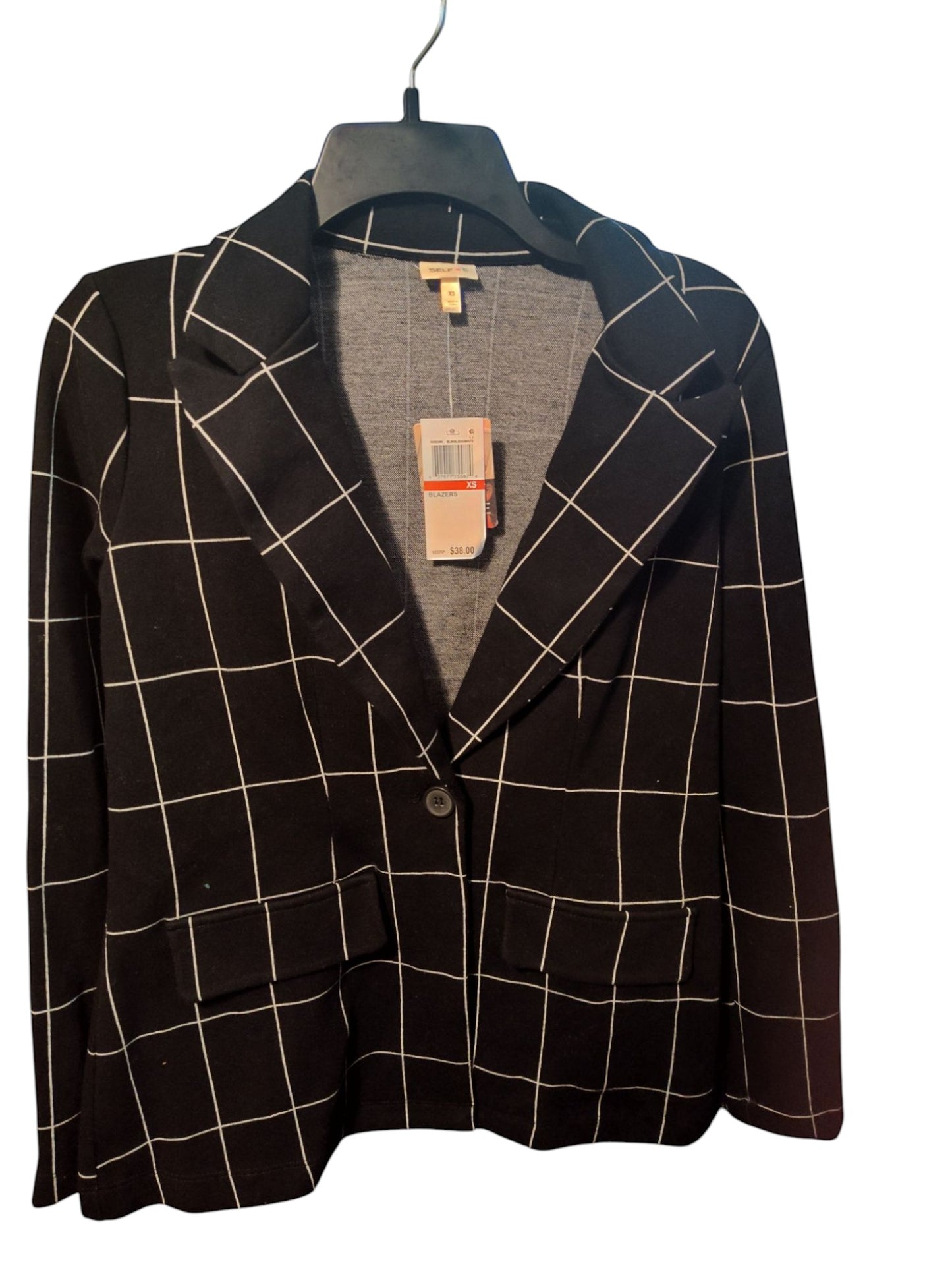 Self Esteem black and white windowpane patterned blazer with notched lapels and front flap pockets.