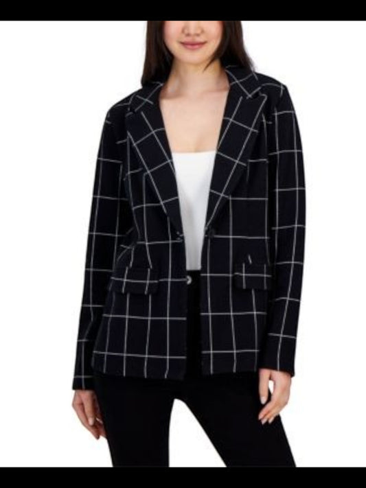 Self Esteem  black and white windowpane blazer with notched lapels and front flap pockets on a model