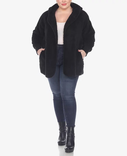 Plus Size Plush Hooded Cardigan Jacket with Pockets